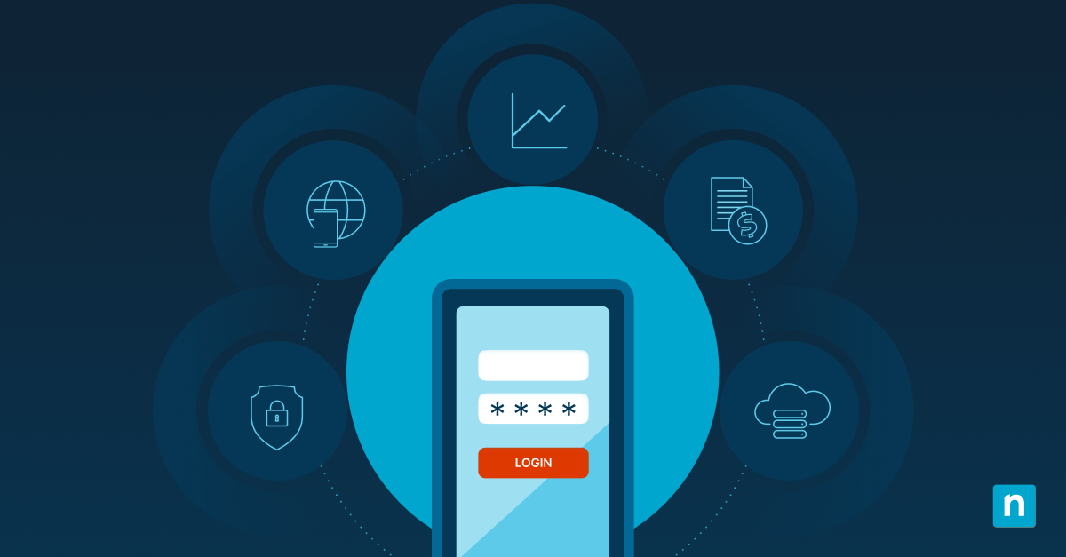 Illustration of a mobile device surrounded by EMM functions representing enterprise mobility management