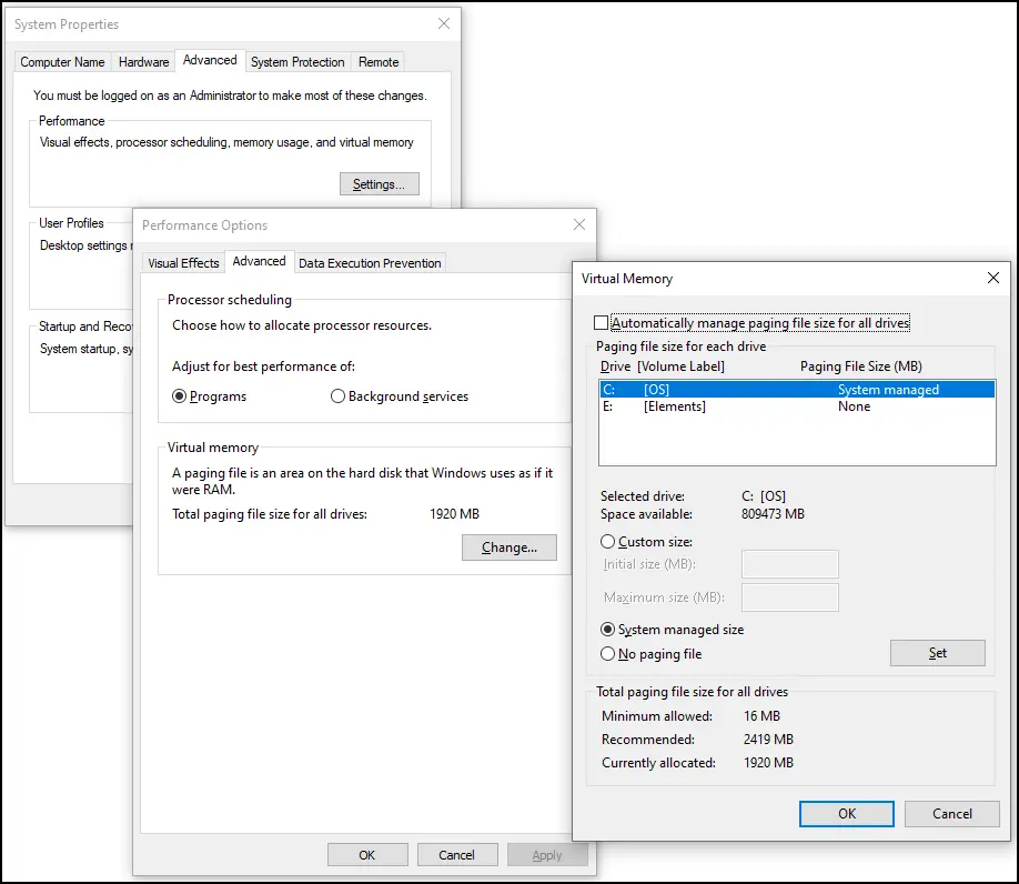 Open System Properties (Win + R > sysdm.cpl), go to Advanced > Performance Settings > Advanced > Change, select No paging file, and click OK.