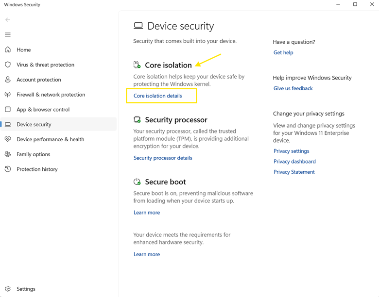 Core isolation details under device security
