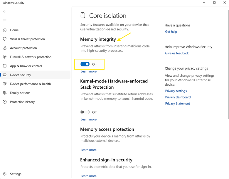 Memory integrity under Core isolation option