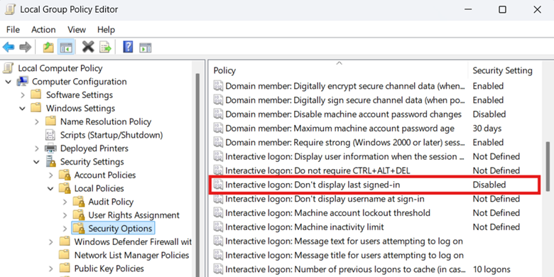 Local group policy editor go to Computer Configuration, Windows Settings,Security Settings,Local Policies,Security Options