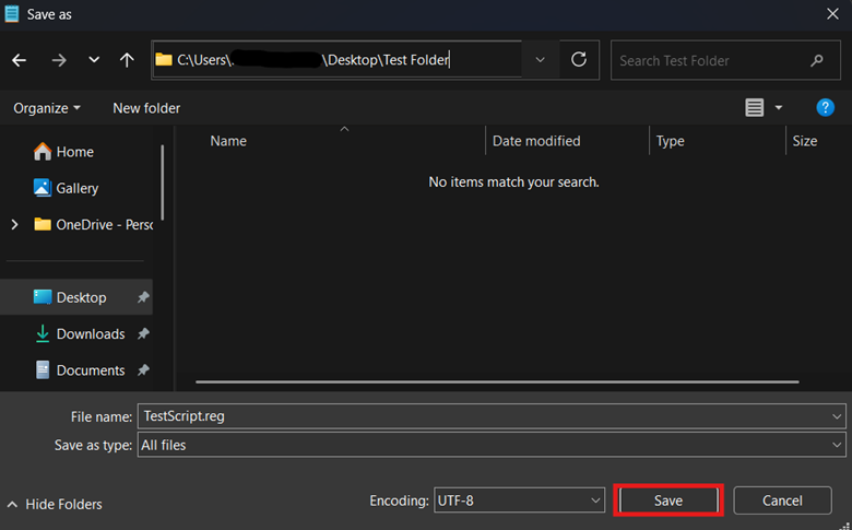 Pick the path where to save .reg file